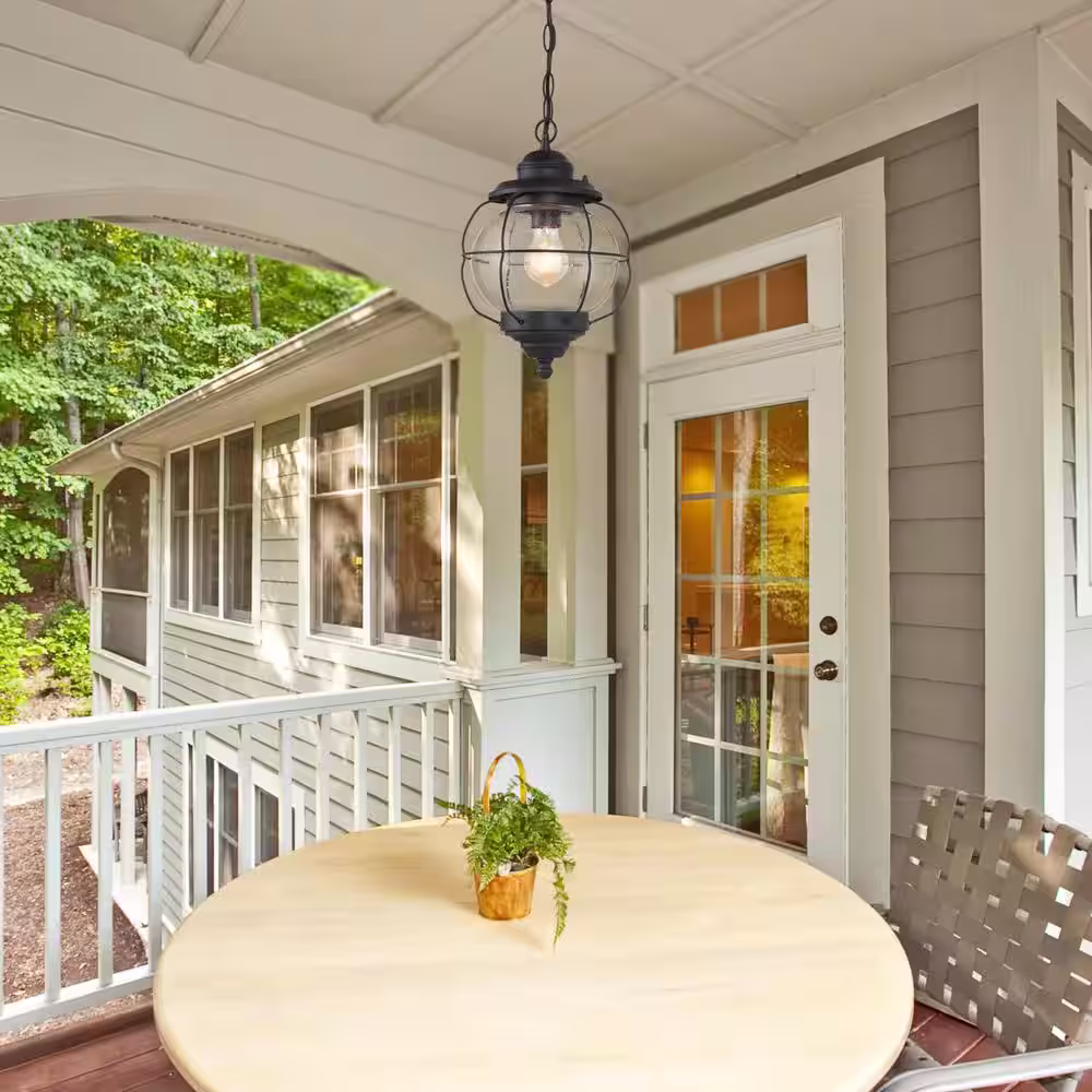 LNC Globe Industrial Black Outdoor/Indoor Pendant Light 1-Light Porch, Hallway Cage Hanging Light with Seeded Glass Shade