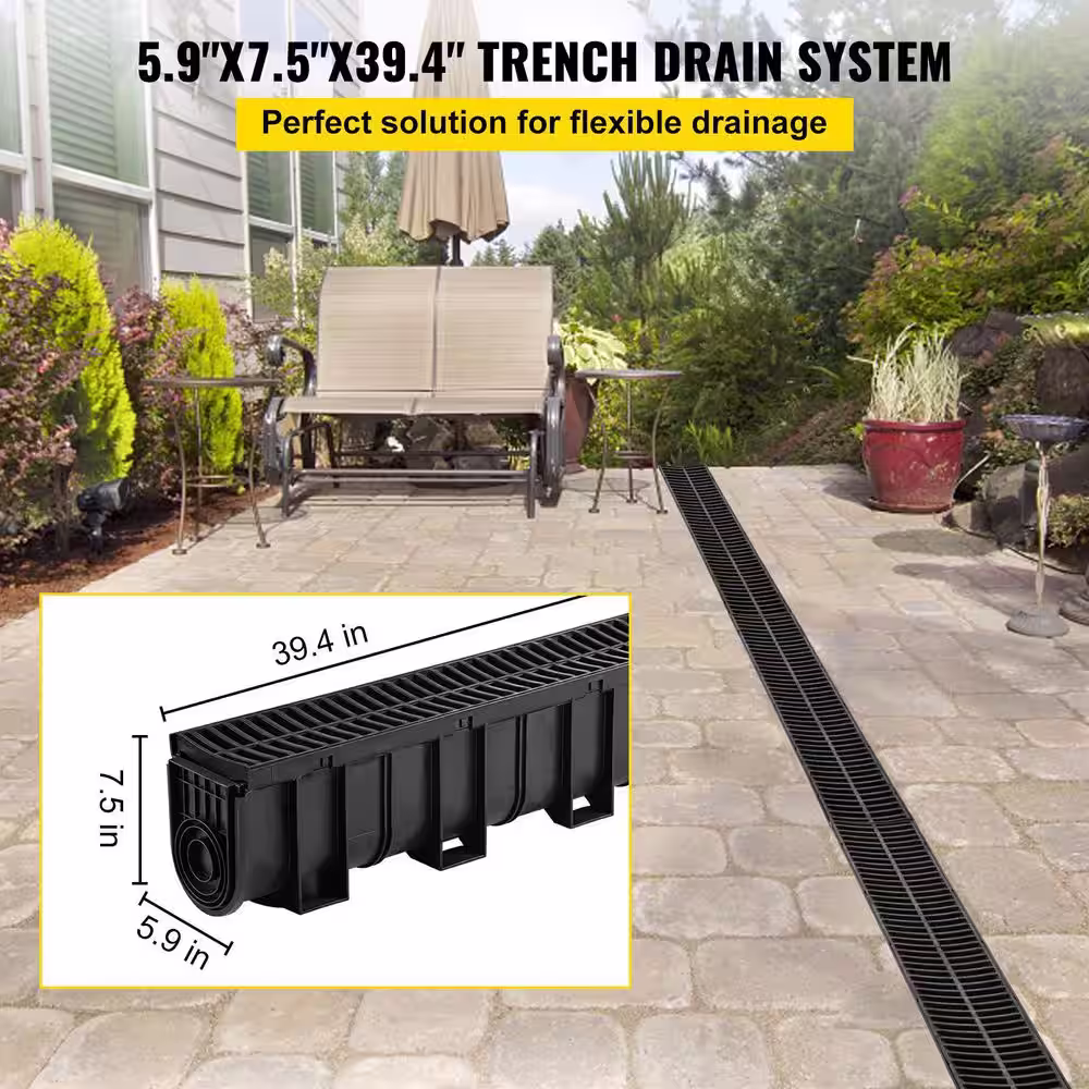 VEVOR Trench Drain System 39 in. L x 5.8 in. W x 7.5 in. D Drainage Trench with Plastic Grate and End Cap Channel Drain 5 Pack