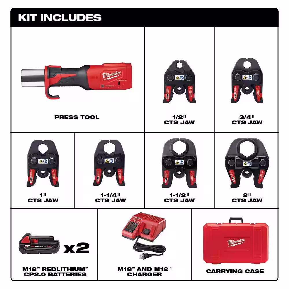 Milwaukee M18 18-Volt Lithium-Ion Brushless Cordless 1/2 in. - 2 in. Press Tool Kit With 2-1/2 in. - 4 in. Press Ring Kit Set