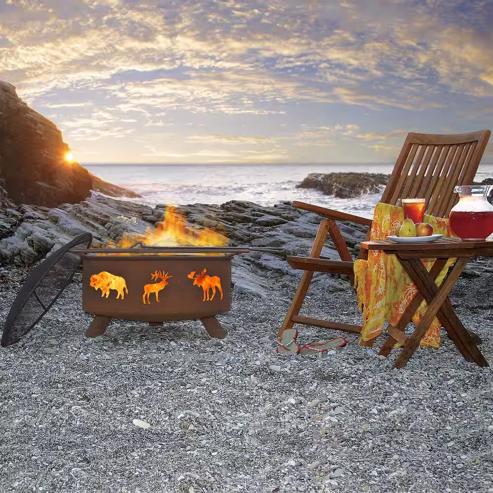 None Wildlife 29 in. x 18 in. Round Steel Wood Burning Fire Pit in Rust with Grill Poker Spark Screen and Cover