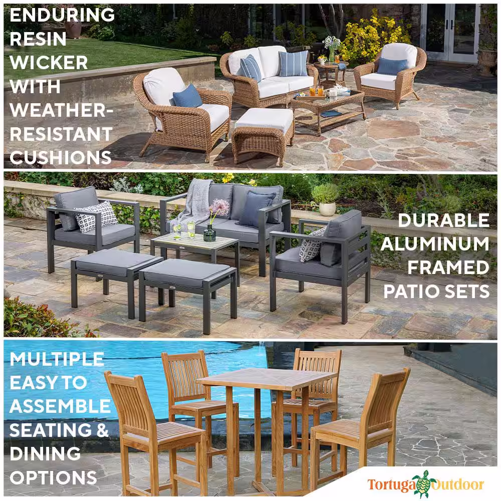 Tortuga Outdoor Portside 5-Piece White Wicker Outdoor Dining Set with Eastbay Pompeii Cushions (Wicker Chair and Dining Table Bundle)