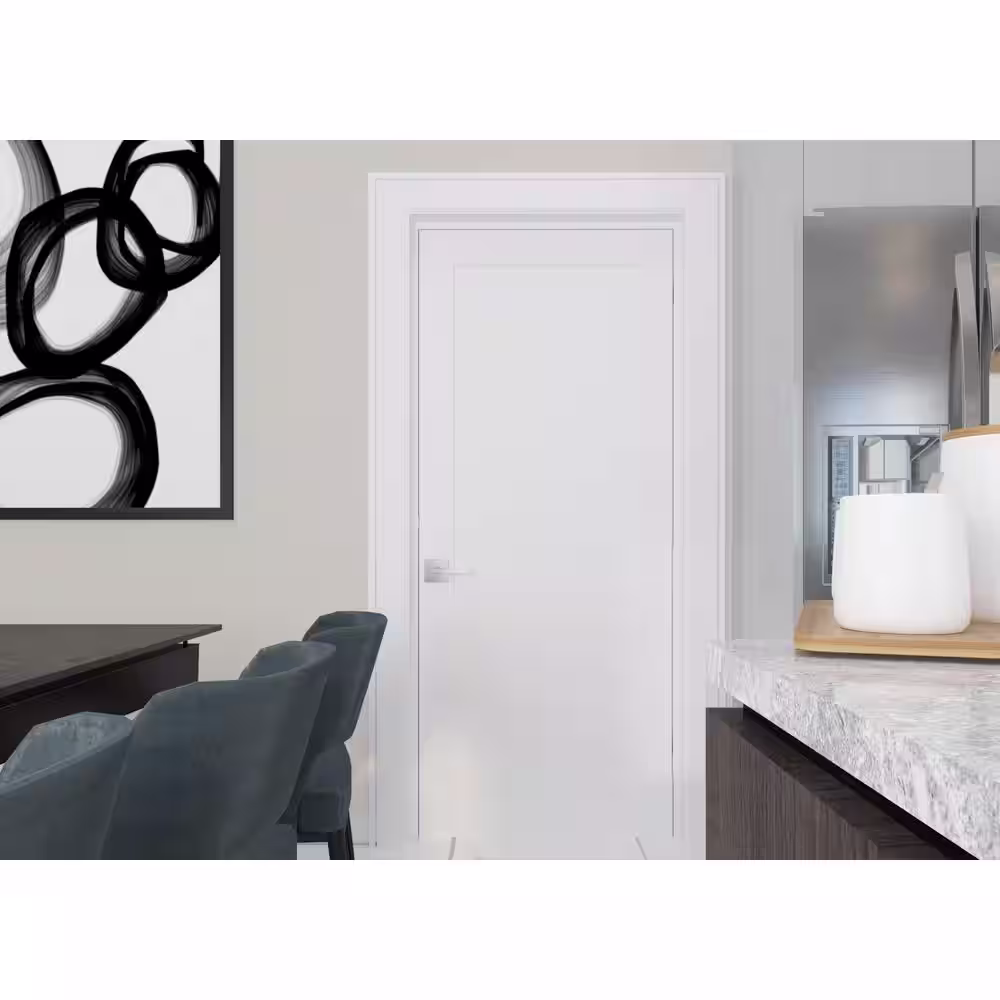 RESO 30 in. x 80 in. Right-Handed Solid Core White Primed Composite Single Pre-hung Interior Door Satin Nickel Hinges