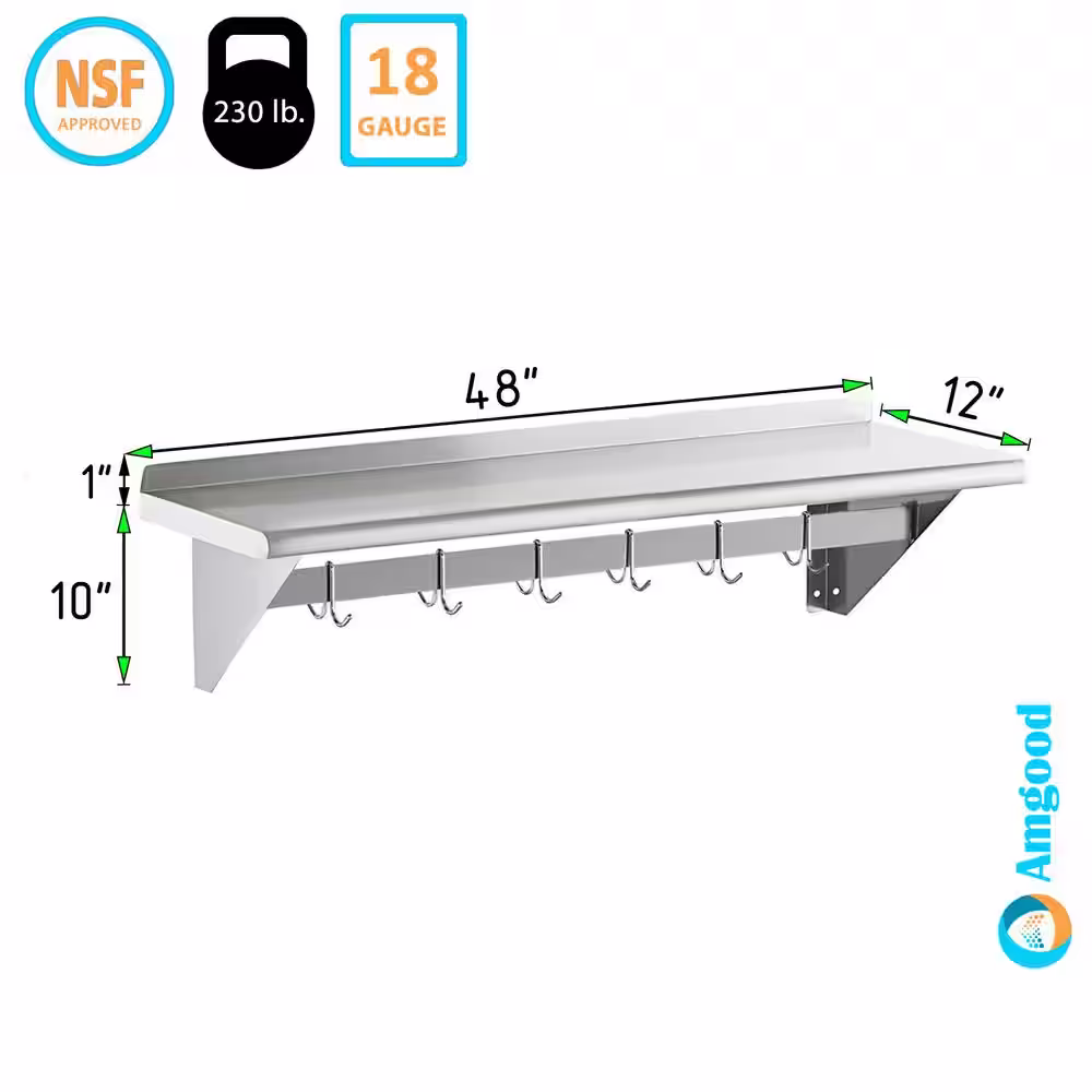 None 48 in. W x 12 in. D Stainless Steel Wall Mounted Pot Rack with Shelf, Kitchen, Restaurant Room Decorative Wall Shelf
