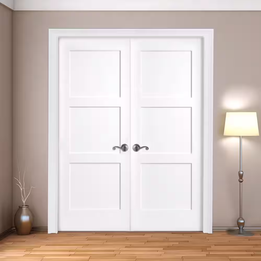 Steves & Sons 60 in. x 80 in. 3-Panel Equal Shaker White Primed Solid Core Wood Double Prehung Interior Door with Bronze Hinges
