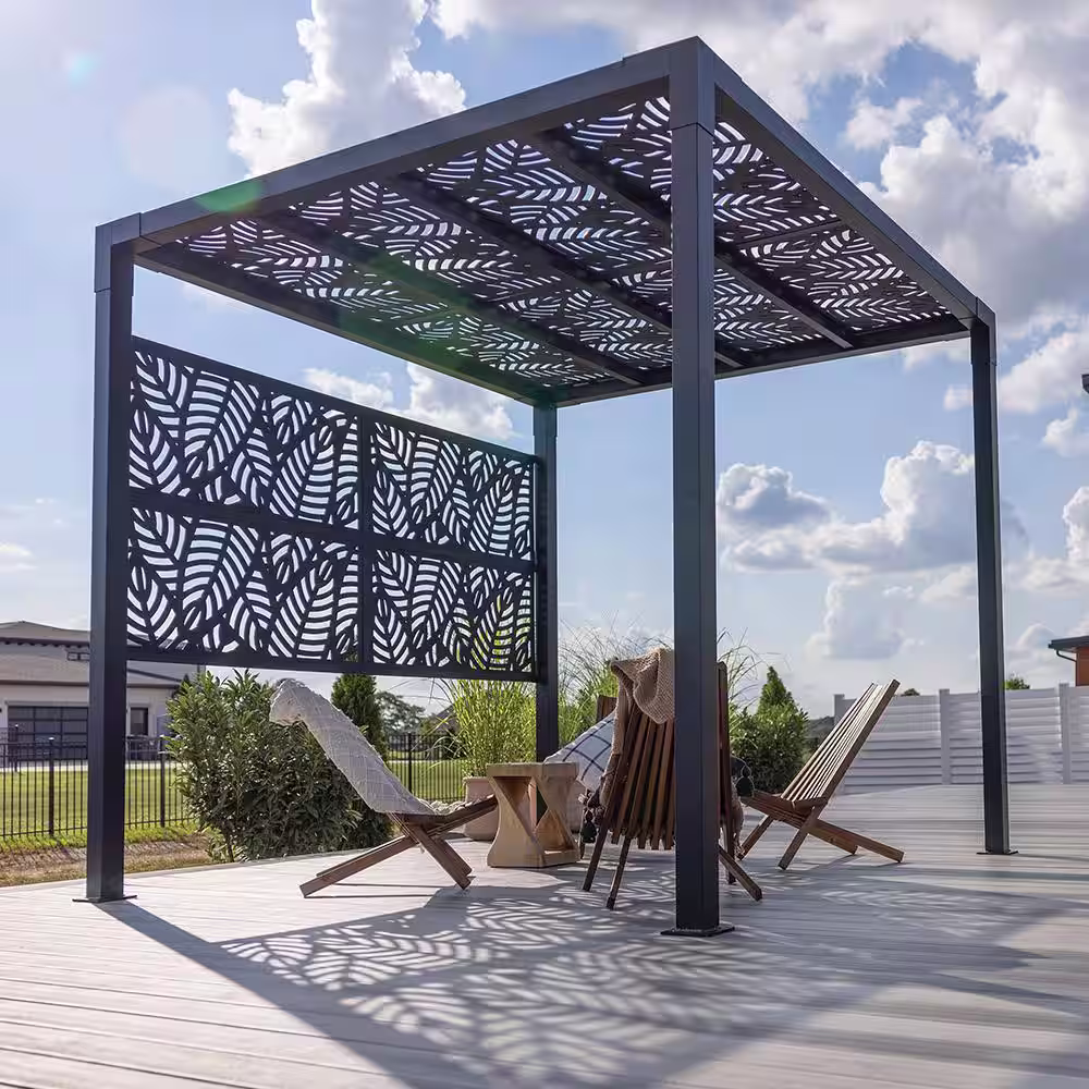 Barrette Outdoor Living Matte Black Pergola Side Wall with Black Sanibel Decorative Screen Panel