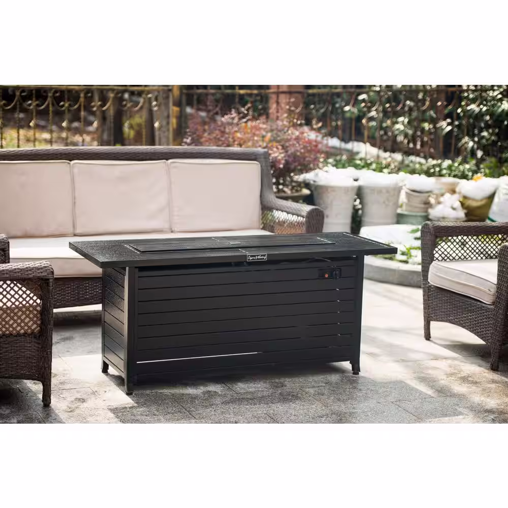None 57 in. x 21 in. Rectangular Steel Outdoor Gas Propane Fire Pits Table, 50000BTU Firepit Fireplace with Lid, Fire Glass