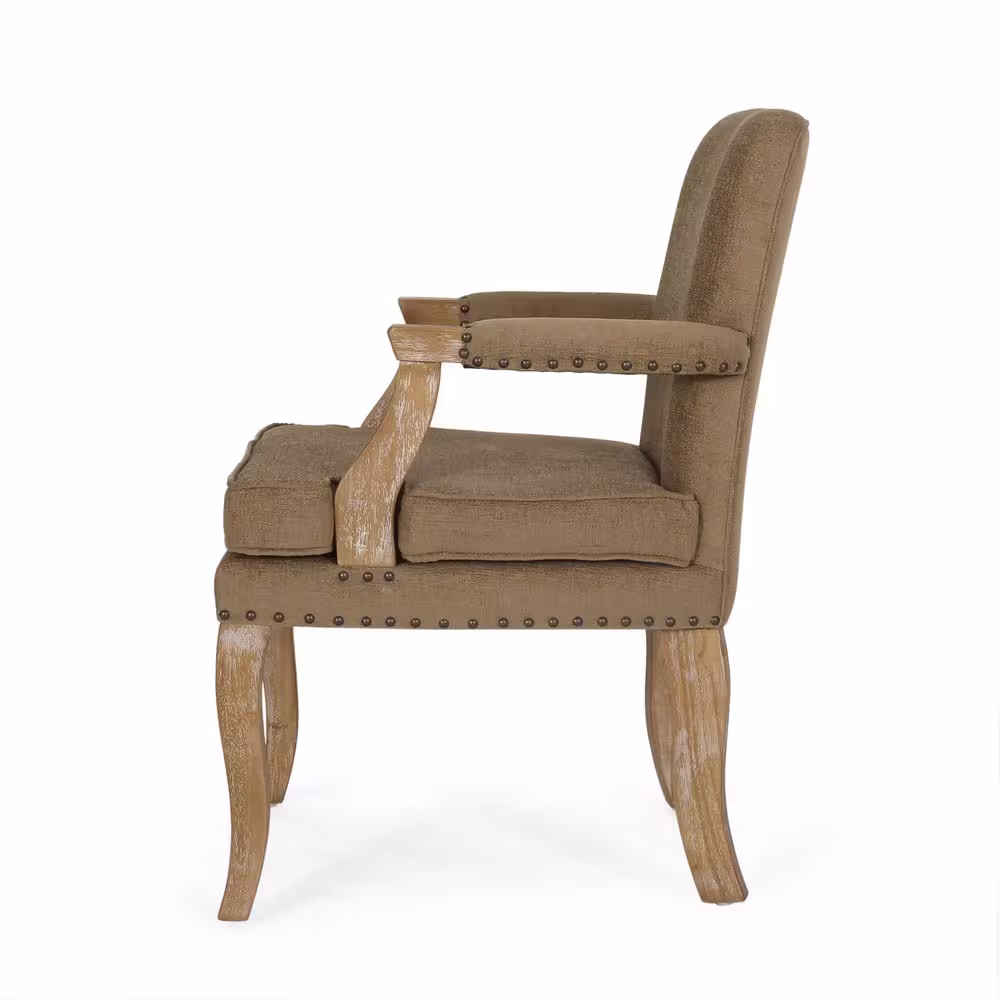 Noble House Ardson Dark Beige and Natural Fabric Dining Arm Chairs (Set of 2)