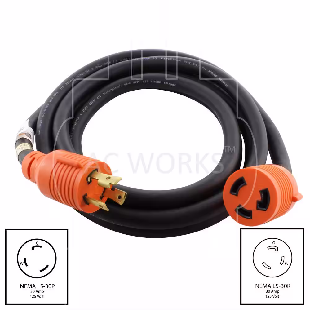 AC WORKS 10 ft. SOOW 10/3 3-Prong NEMA L5-30 125-Volt 30 Amp Generator Rubber Extension Cord