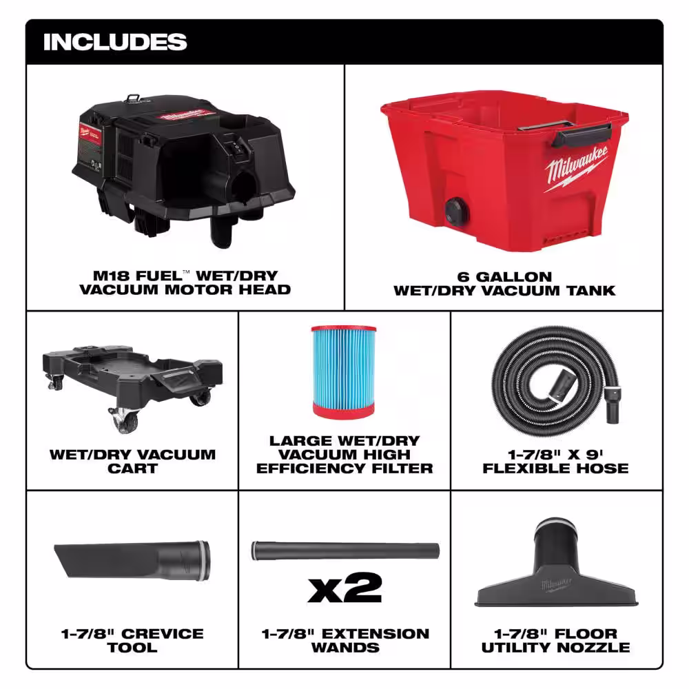 Milwaukee M18 FUEL 6 Gal. Cordless Wet/Dry Shop Vac w/Filter, Hose and AIR-TIP 1-1/4 in. - 2-1/2 in. (1-Piece) Cross Brush Tool