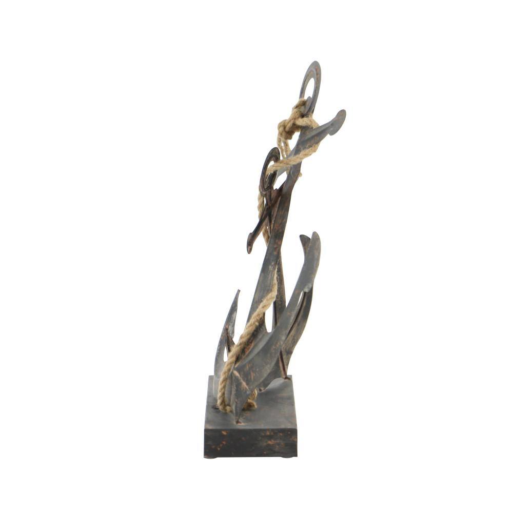 None Black Metal Anchor Sculpture with Jute Rope Accents