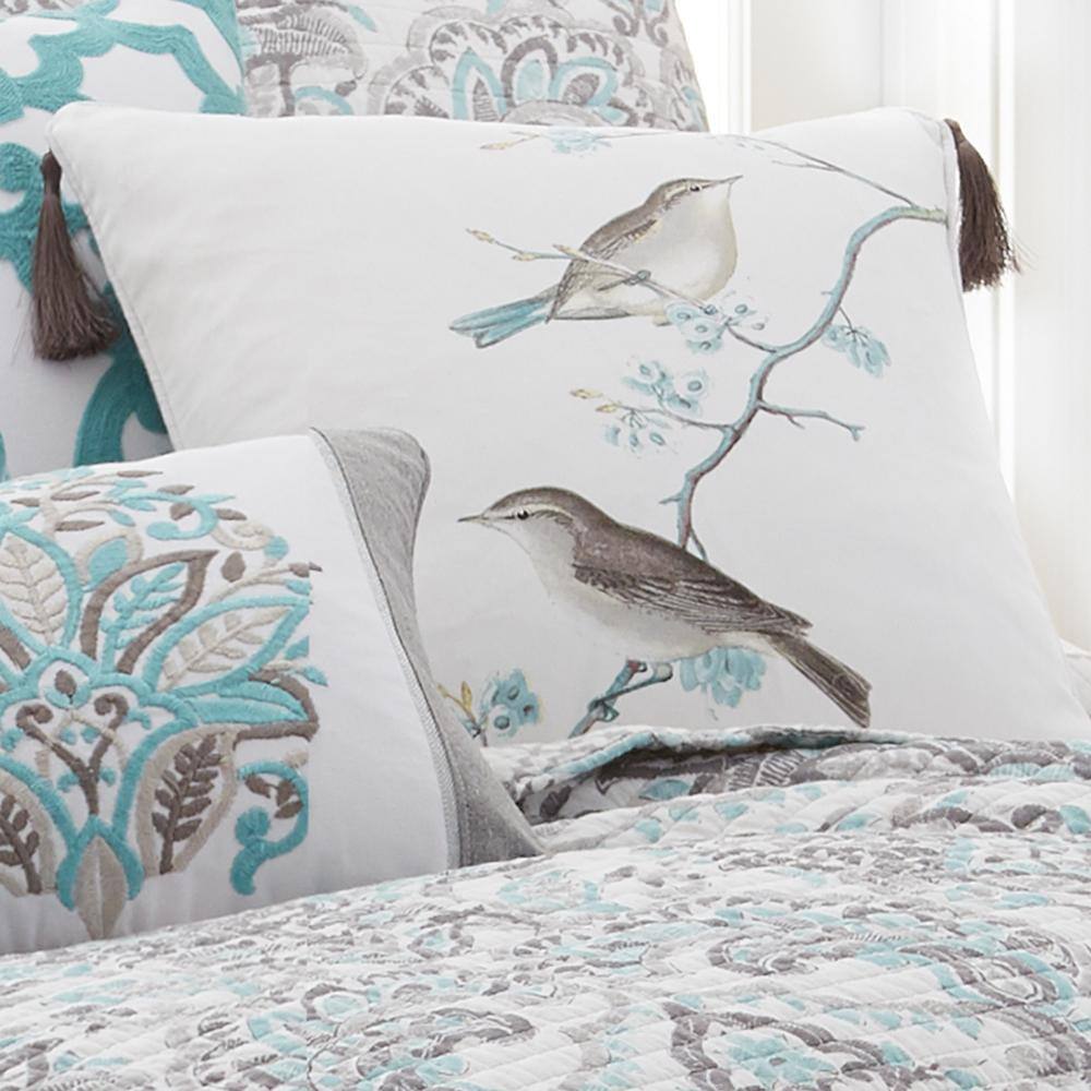 None Legacy Green, Grey, White Bird Branch Scene Print with Corner Tassels 18 in. x 18 in. Throw Pillow