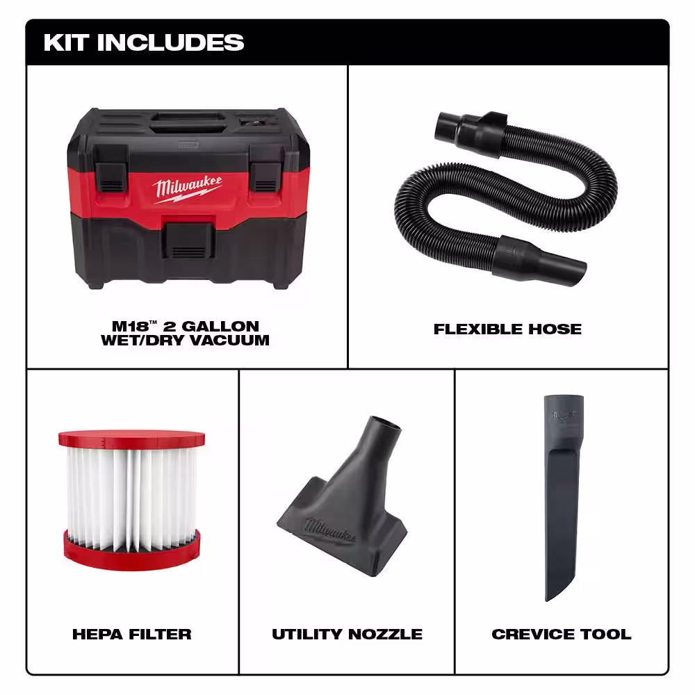 Milwaukee M18 18-Volt 2 Gal. Lithium-Ion Cordless Wet/Dry Vacuum W/ Bonus Wet/Dry Vacuum Hepa Filter (2-Pack)