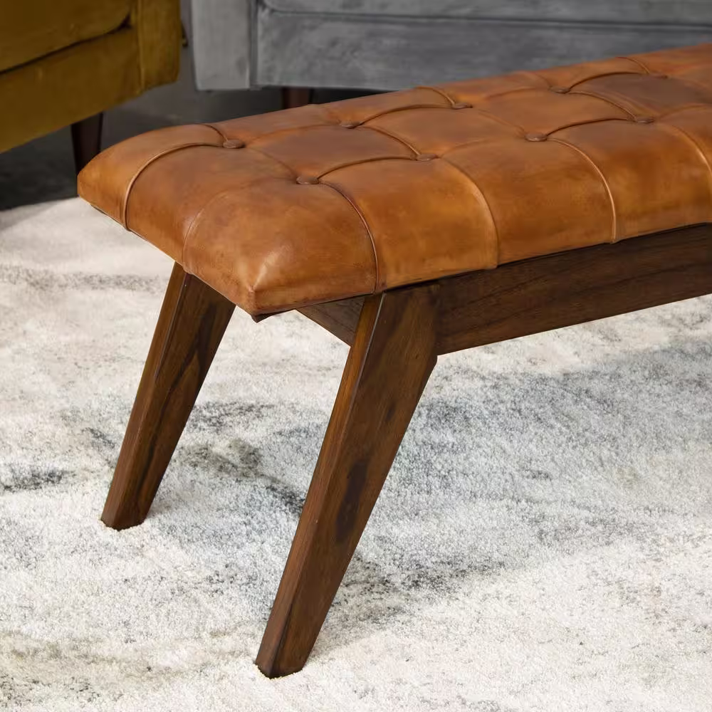 Ashcroft Furniture Co Neva Button Tufted Tan Genuine Leather Upholstered Bench