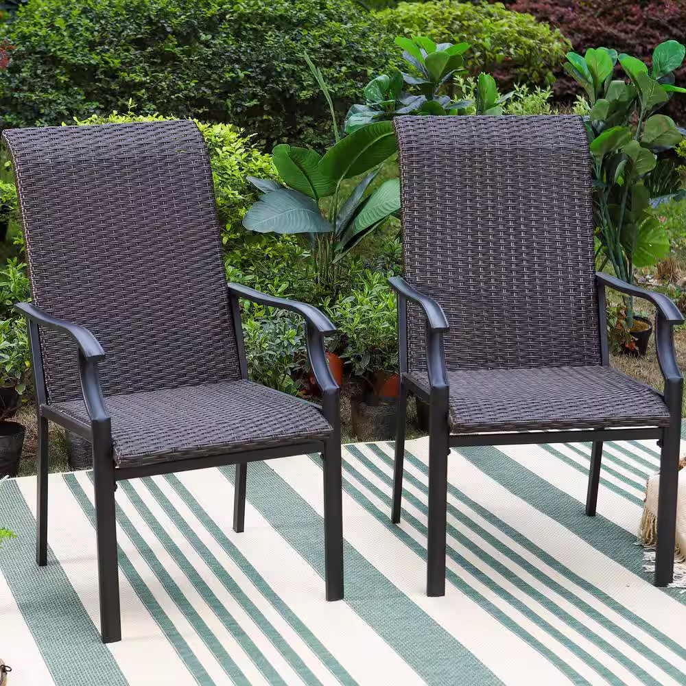 None Black 7-Piece Patio Outdoor Dining Set with Rectangle Slat Table and Rattan Swivel Chair