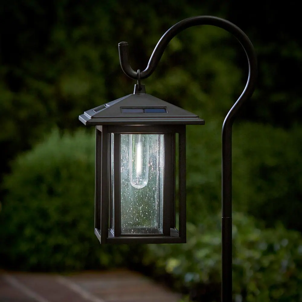 Hampton Bay Grantville Solar 15 Lumens Black Outdoor Integrated LED Shepherd Hook Path Light (2-Pack); Weather/Water/Rust Resistant