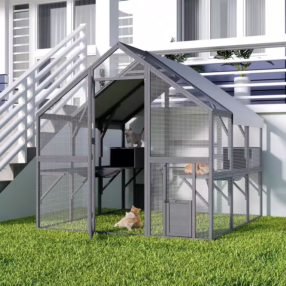 FUFU&GAGA Large Wooden Outdoor Cat Cage, Cat Run Enclosure Walk in Cat Catio Kitten Condo with Enter Door Roof Cover, 43 sq. ft.