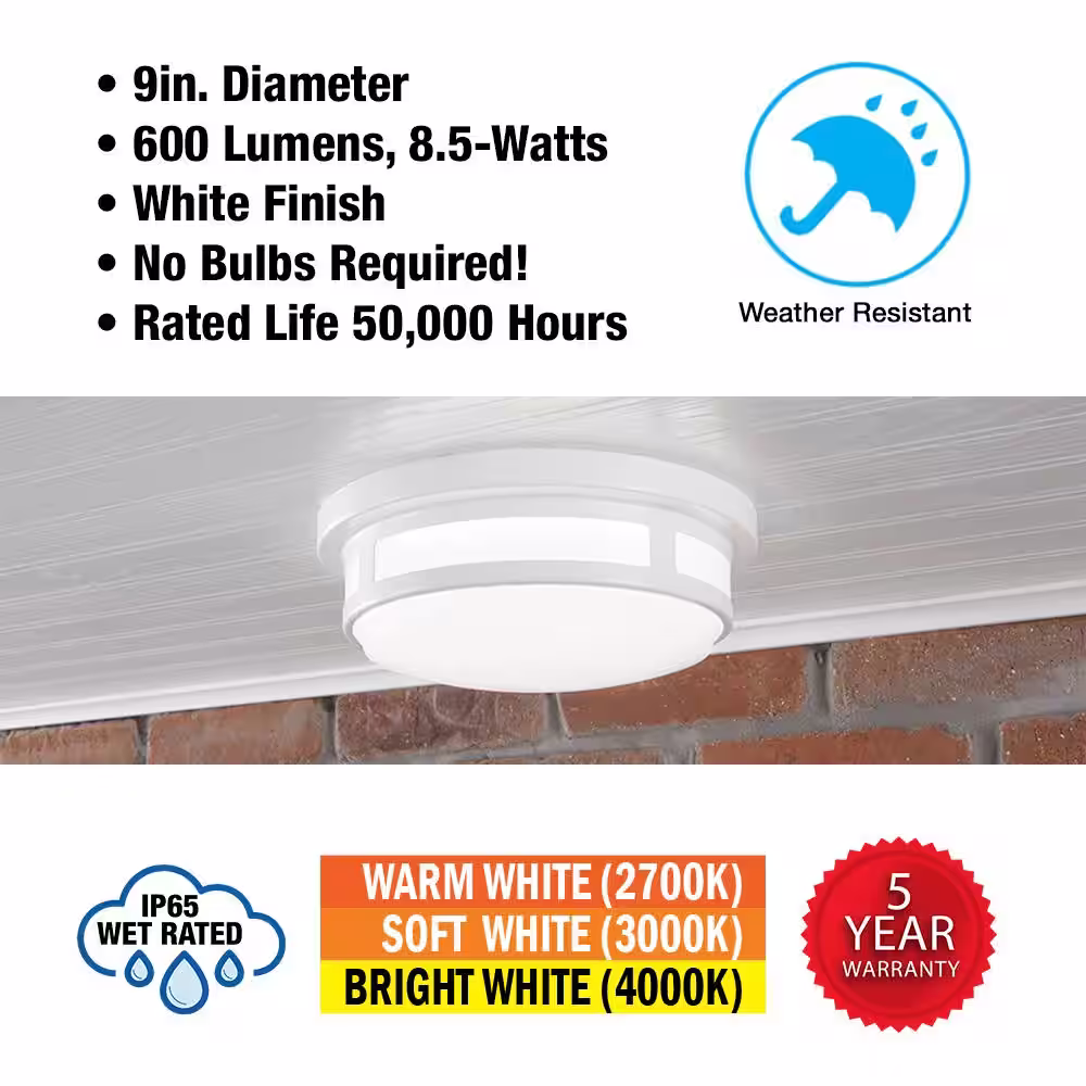 Hampton Bay 9 in. Round White Indoor Outdoor LED Flush Mount Ceiling Light Adjustable CCT 600 Lumens Wet Rated (8-Pack)