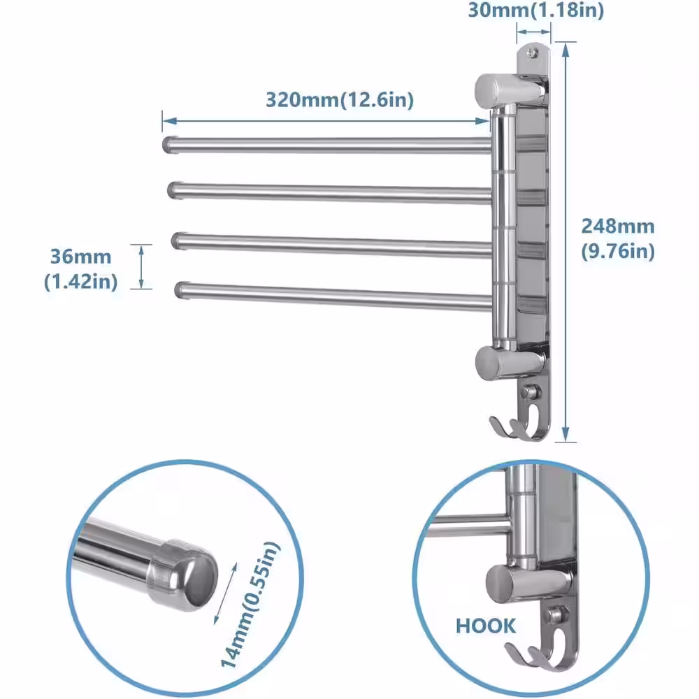 Dyiom Swivel Bathroom Towel Rack Towel Rack Wall Mounted, 4-Arm Space Saving Towel Hanger, Towel Racks for Bathroom, Kitchen