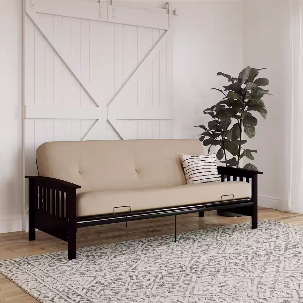 None Darrien 6 in. Beige Full Wood Arm Futon Frame with Thermobonded High Density Polyester Fill Mattress