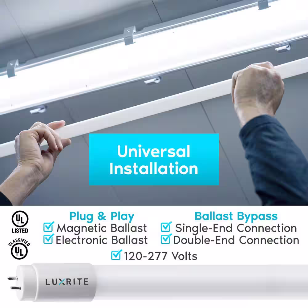 LUXRITE 32-Watt Equiv. 4 ft. Linear Tube T8 LED Light Bulb Ballast and Ballast Bypass Compatible 13W 6500K Daylight (4-Pack)