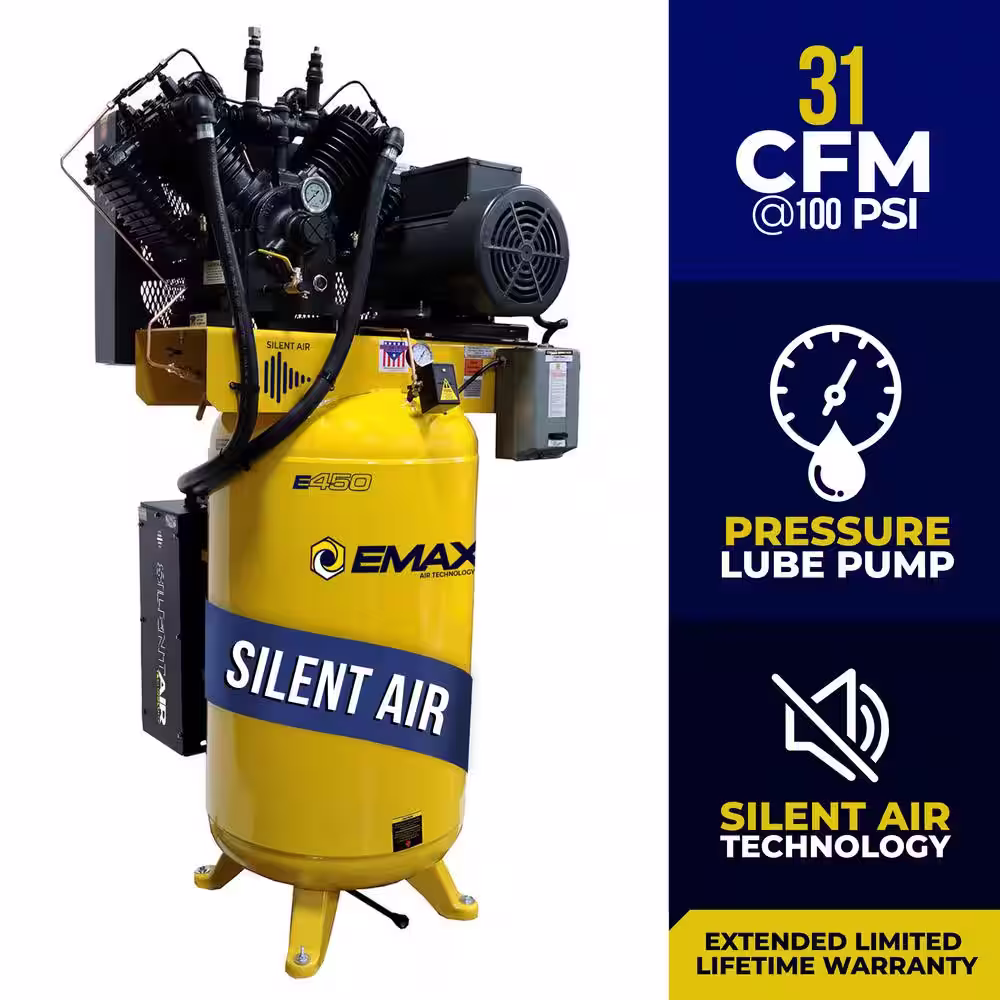 EMAX Industrial PLUS Series 80 Gal. 7.5 HP 208-Volt 3-Phase Silent Air Electric Air Compressor with pressure lubricated pump
