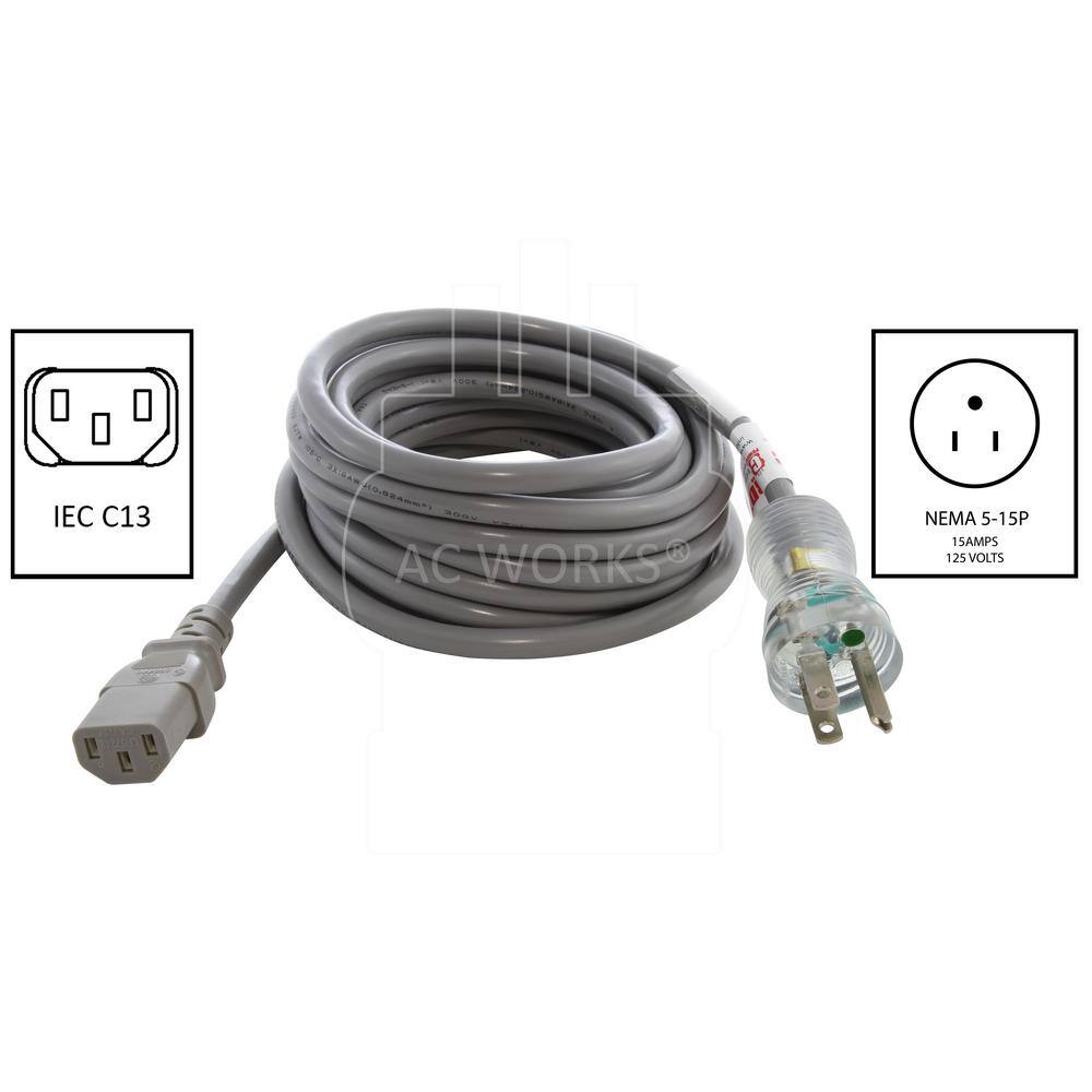 AC WORKS 10 ft. 10 Amp 18/3 Medical Grade Power Cord with C13 Connector