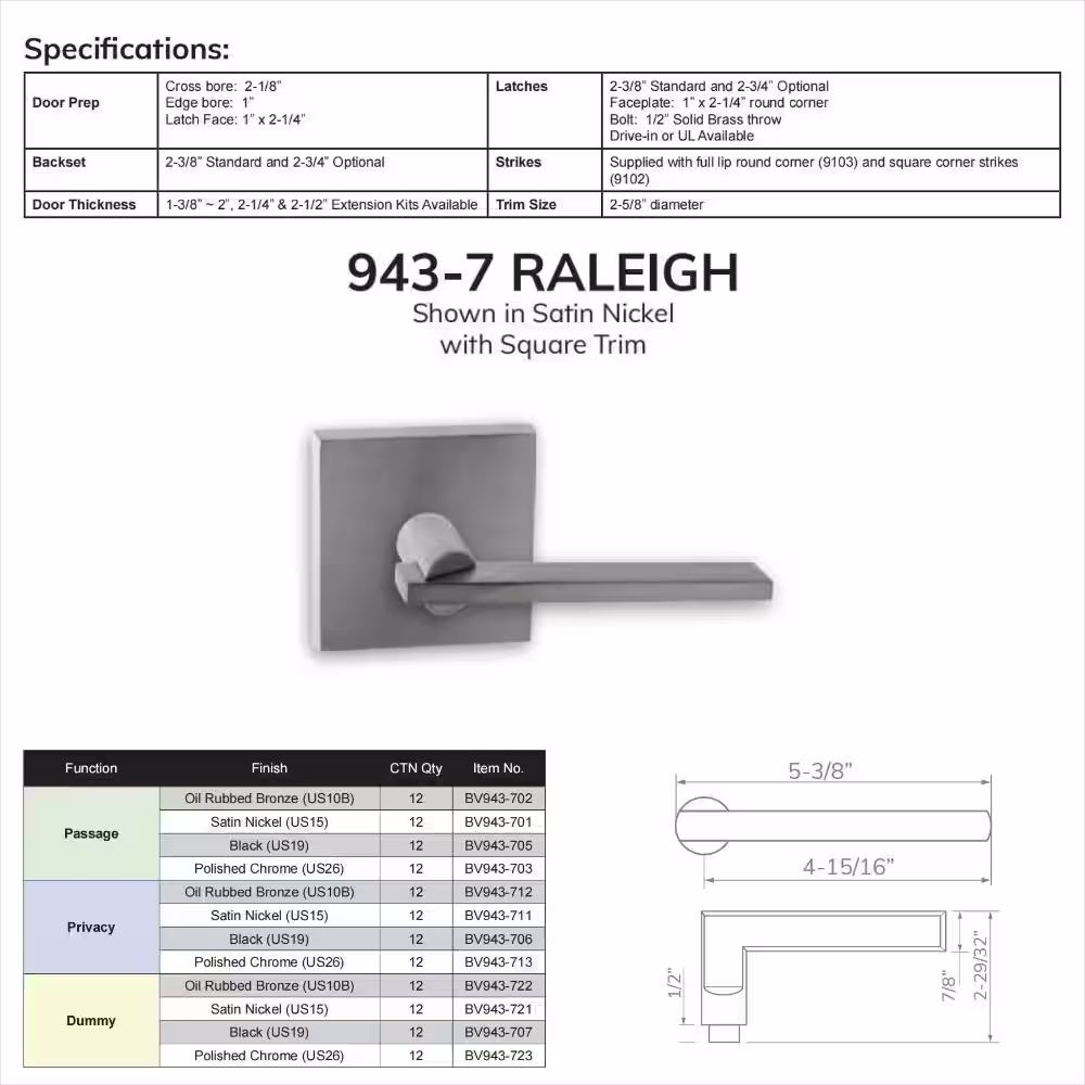 None Bravura Raleigh 943-7 Privacy (Bed/Bath) Door Lever Satin Nickel w/ square trim
