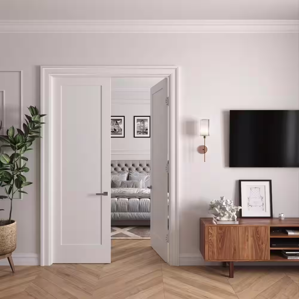 RESO 60 In. x 96 In.Bi-Parting Solid Core Primed White Composite Double Pre-hung French Door Catch Ball Black Hinges