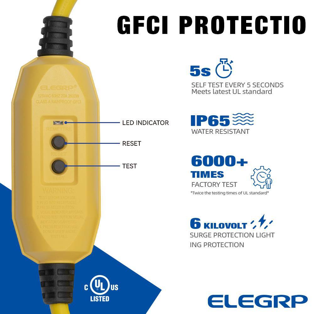 ELEGRP 2 ft. 15 Amp In-Line Self-Test Manual Reset Portable GFCI Plug with 3-Outlet Cord, Yellow